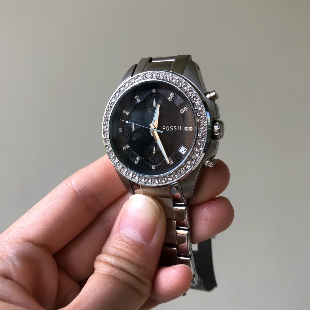 Fossil black jeweled stainless steel watch 38mm